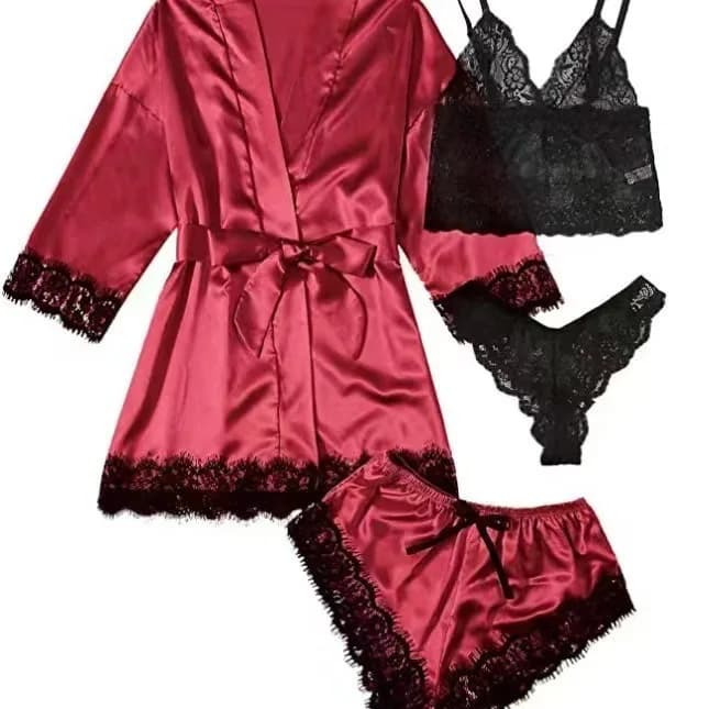 Pigiama da donna 4 pezzi in raso con pizzo, completo estivo con pantaloncini e bretelle