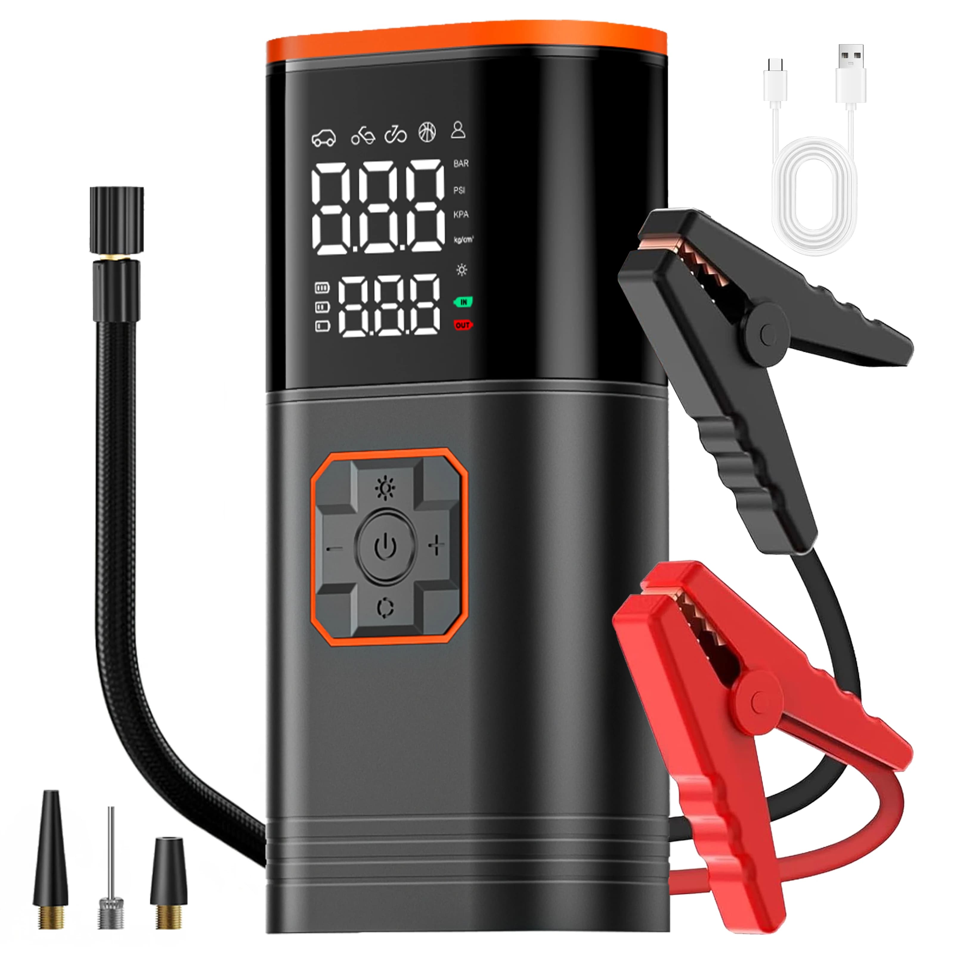 Ugello per pneumatici portatile con display digitale, compressore d'aria ricaricabile tramite USB per pneumatici per auto, bici, moto, palline, giocattoli gonfiabili