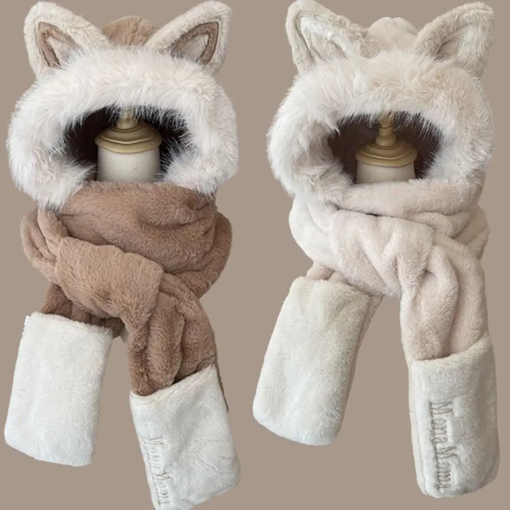 New hat thickened scarf gloves set plush ear fox caps women's cap windproof hold warm protection for cycling ears