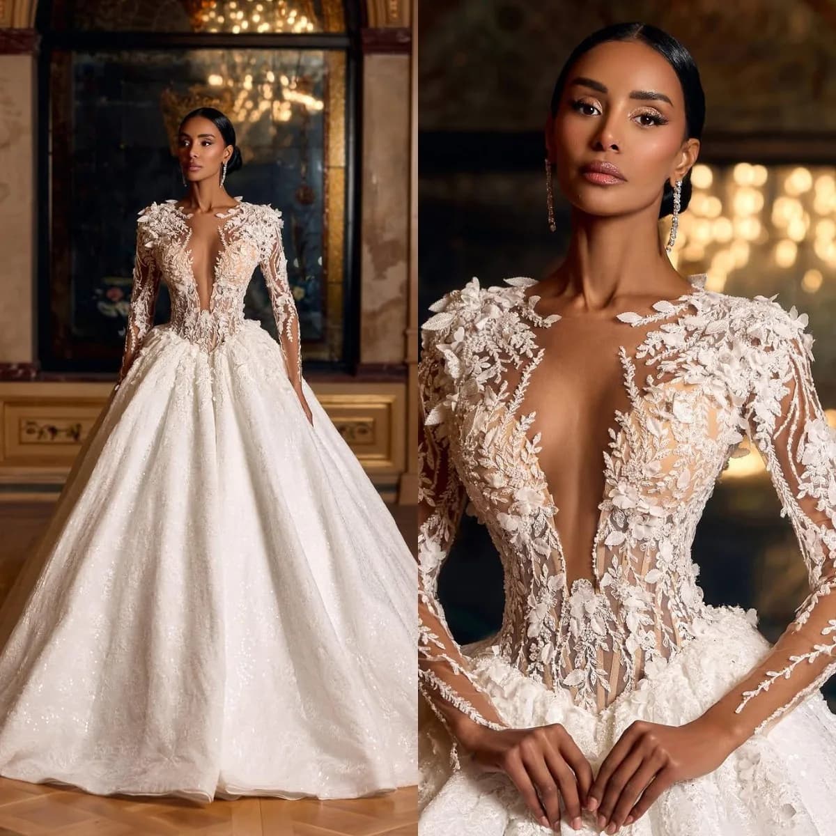 Elegant A Line Women Wedding Dress Sheer Neck Long Sleeves Bridal Gowns Appliques Sequins Sweep Train Dress Custom Made vestidos
