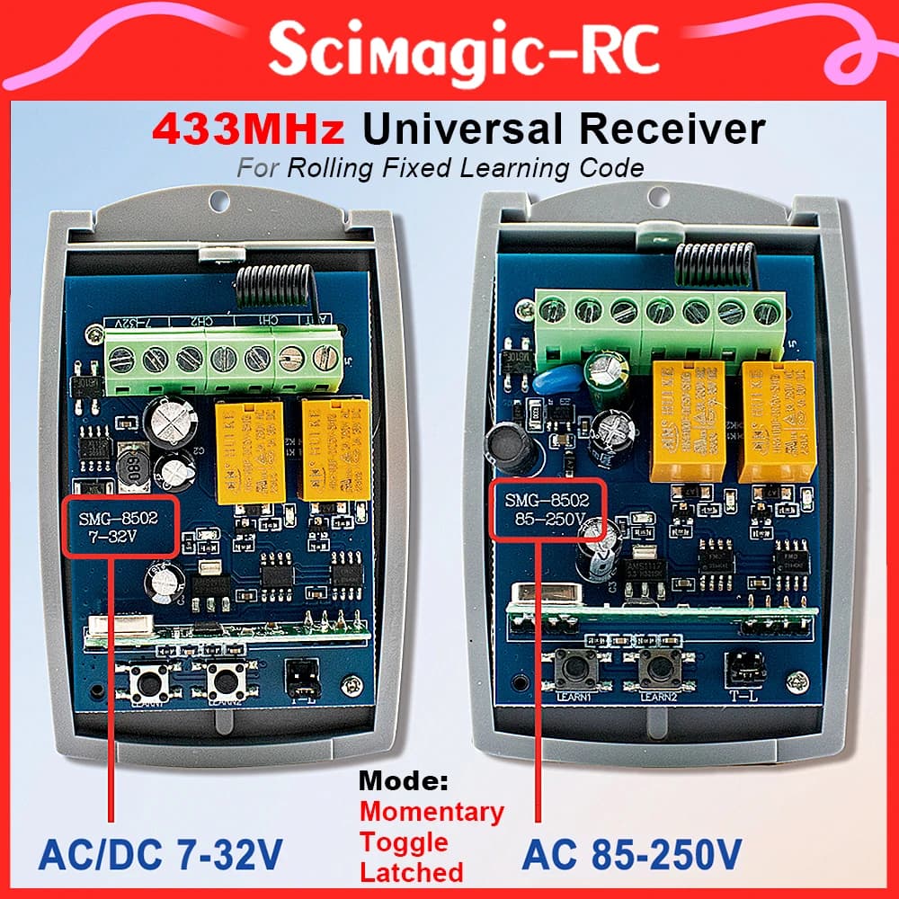 Telecomando wireless universale 433 MHz AC DC 7-32 V 220 V 2CH Ricevitore e trasmettitore relè RF per porta del garage e controllo del cancello