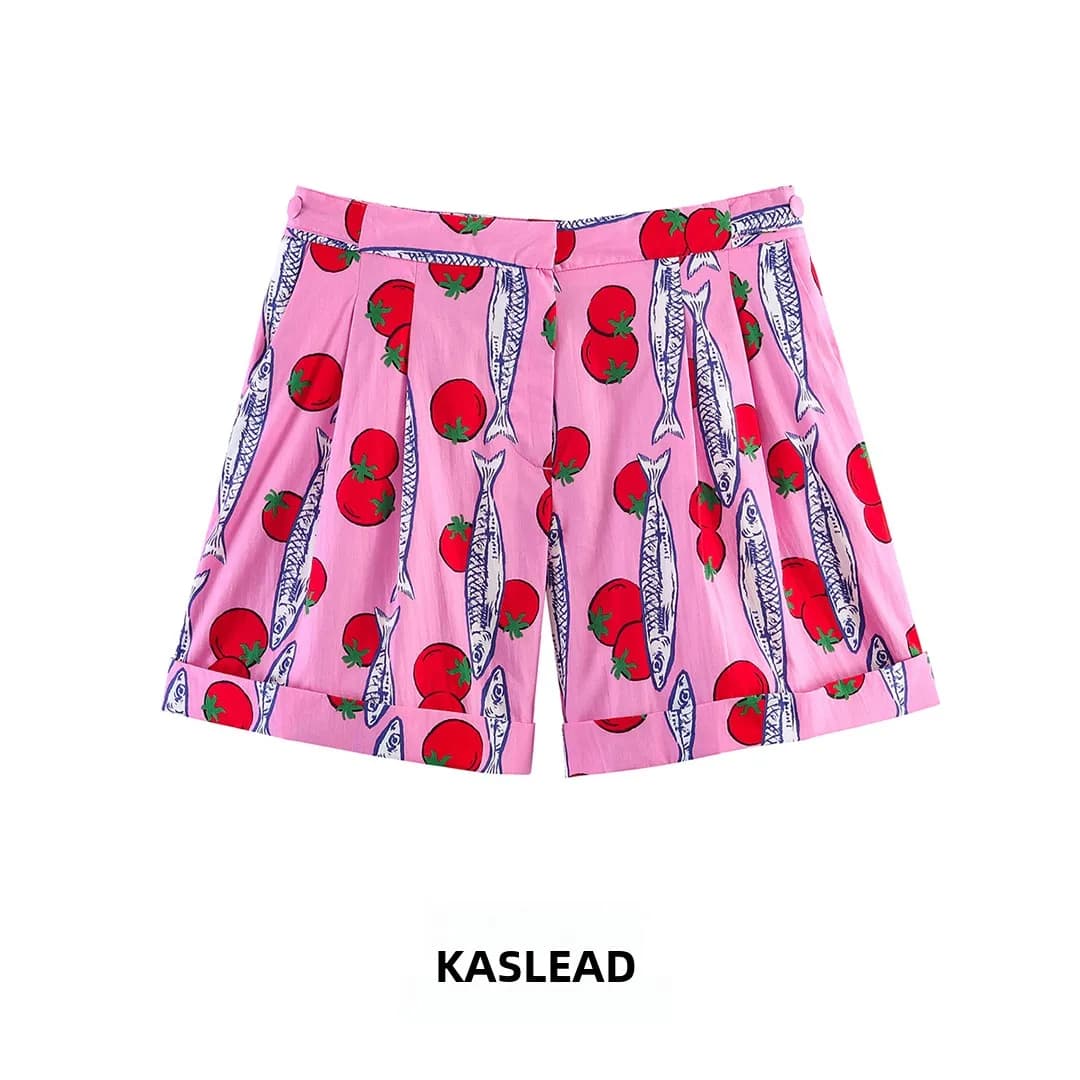 KASLEAD Pantaloncini Casual da Donna alla Moda con Stampa Plissettata, in Fibra di Poliestere, con Cerniera e Bottone Decorativo, Vita Naturale, Estate 2026