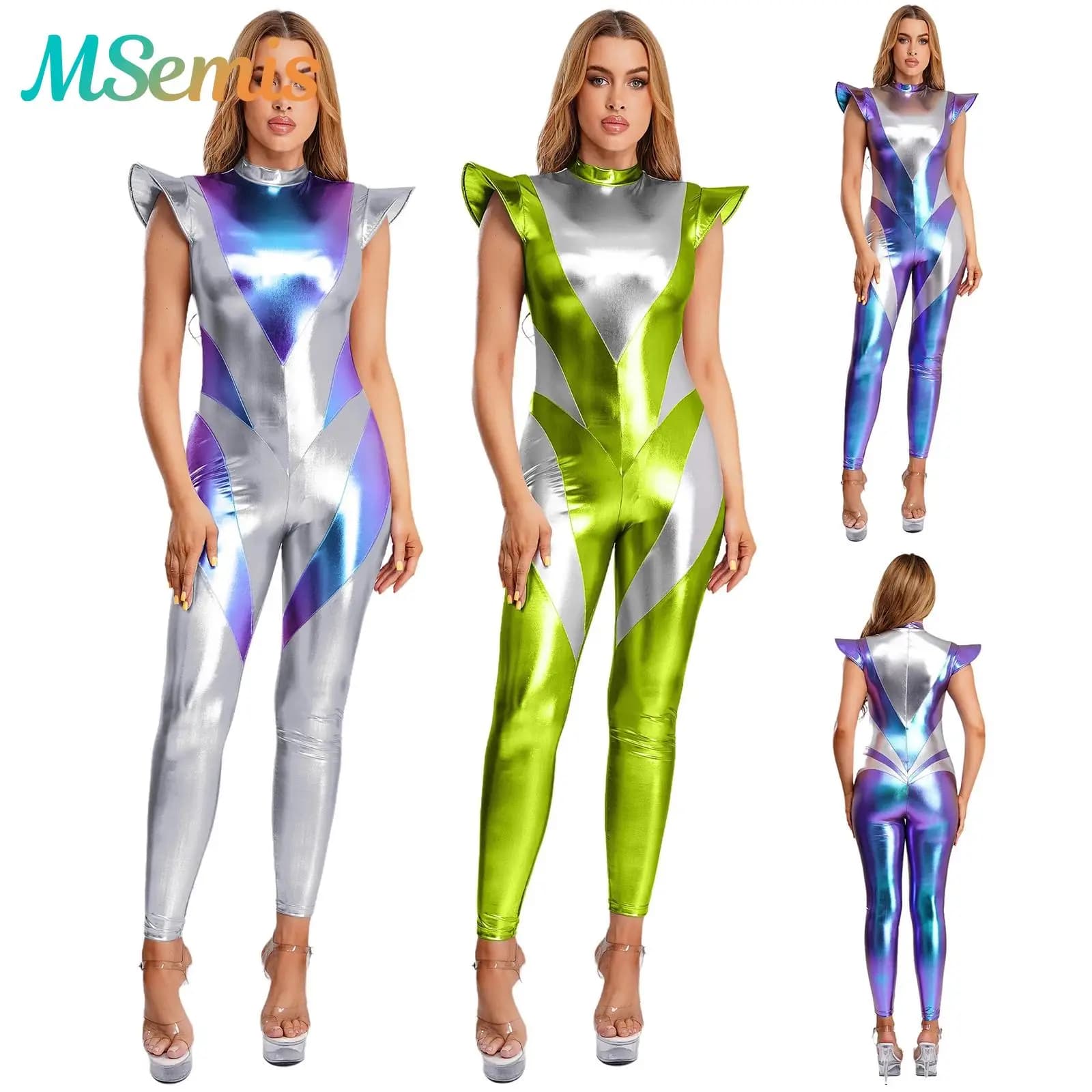 Costume da Astronauta Alieno per Donna, Tuta Cosplay Spaziale, Unitard Robot, Abbigliamento da Club, Maniche a Farfalla Iridescenti Metalliche, Leggings