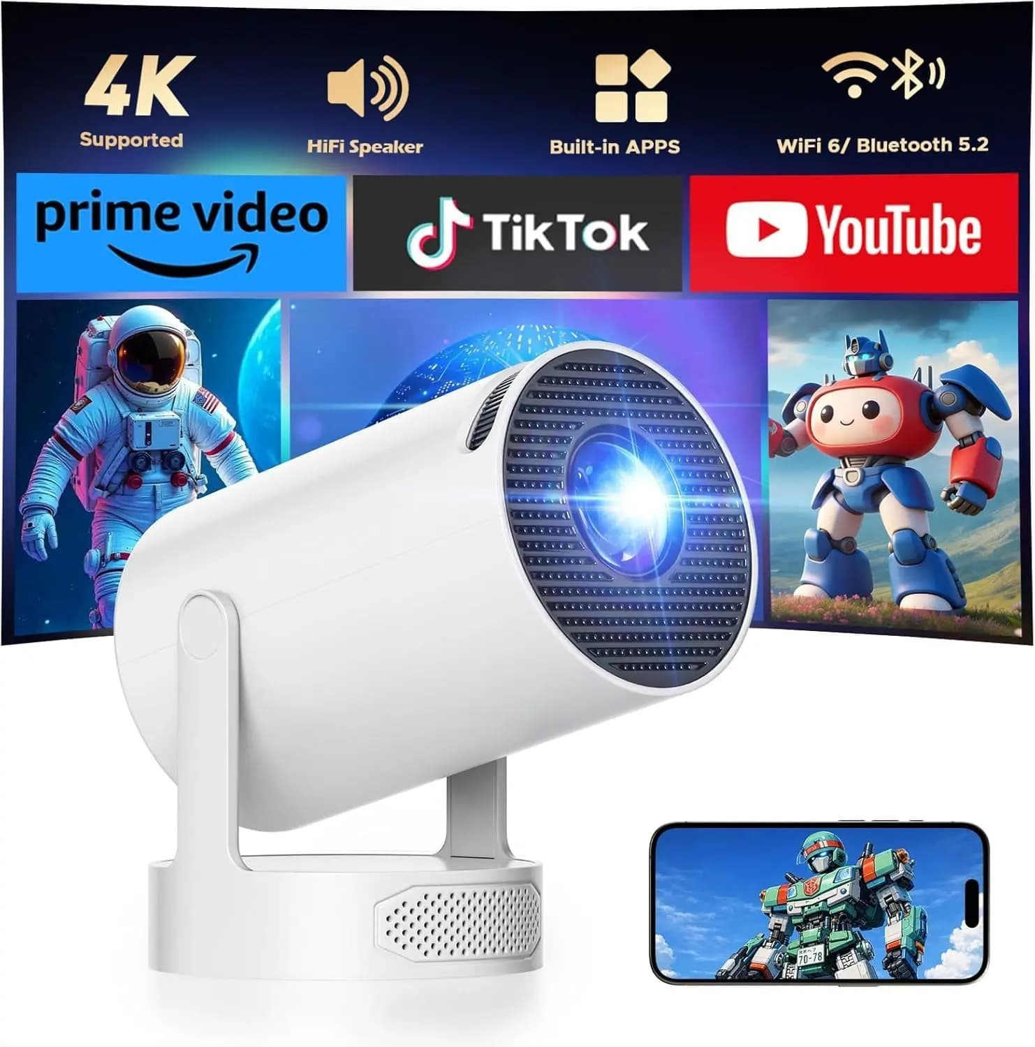 Mini Proiettore con Bluetooth e WiFi, 200 ANSI Lumen 4K Portatile con Autofocus/Correzione Trapezoidale per Film in Casa e all'Aperto