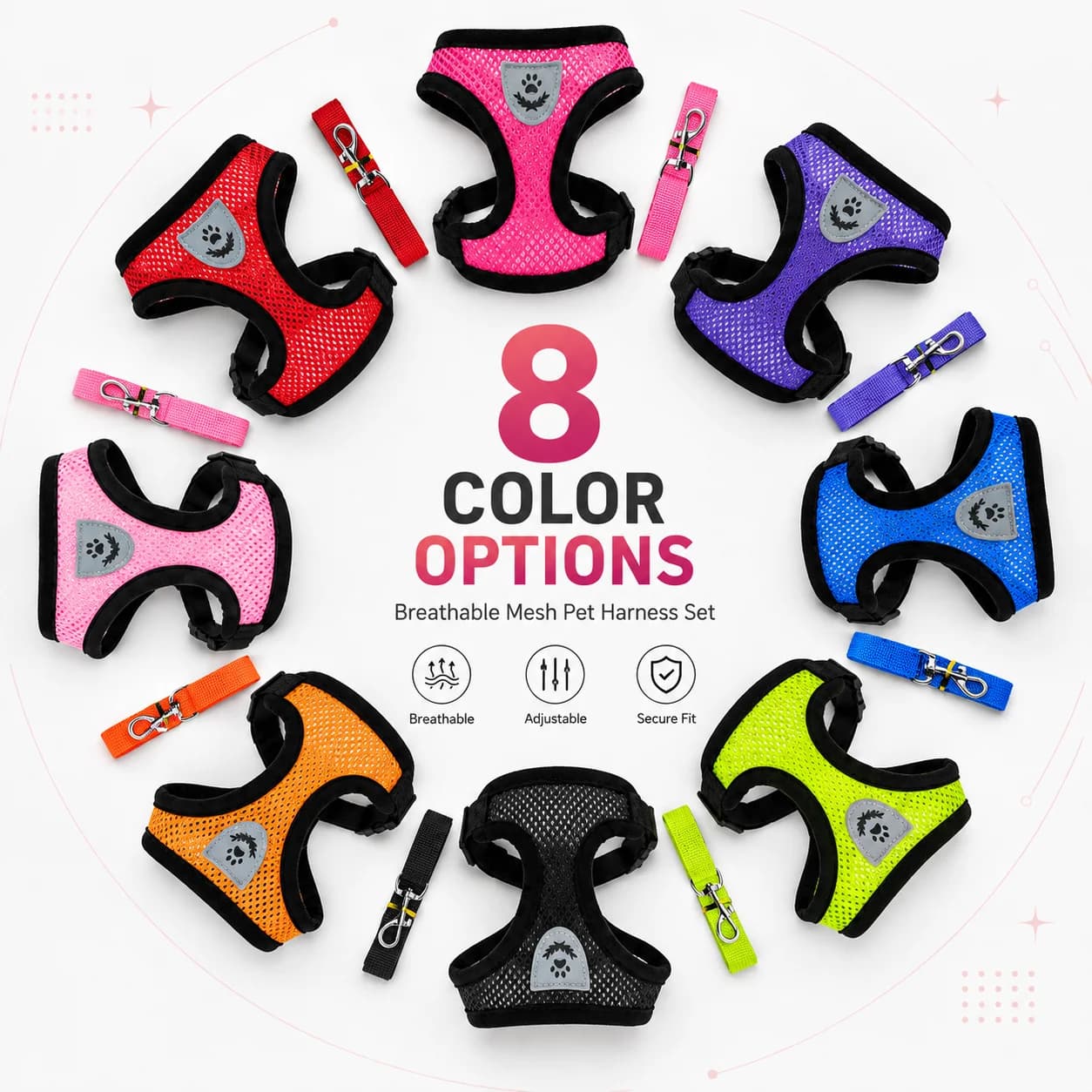 Adjustable Puppy Dog Cat Harness Vest Soft Polyester Mesh Collar Walking Lead Leash for Small Medium Pets Daily Outdoor Use