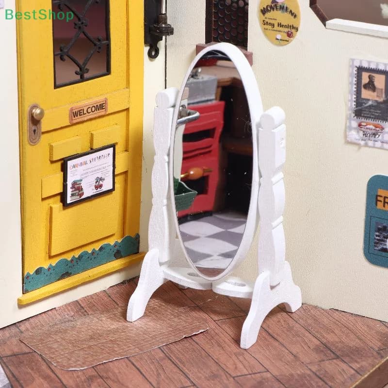 ★ ★ ★ 1:12 Mini simulazione di casa delle bambole Classico verticale in legno bianco Vanity Specchio cosmetico Mobili per soggiorno Decorazione Giocattoli