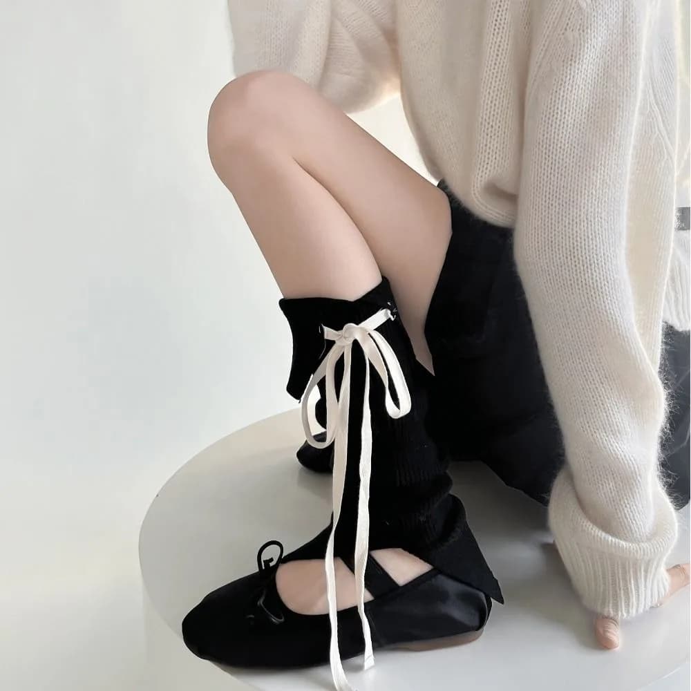 Solid Color Y2K Lace Up Leg Warmers Sweet Ballet Bow Tie Knit Banding Leggings Hosiery Elastic Women's Stockings Autumn