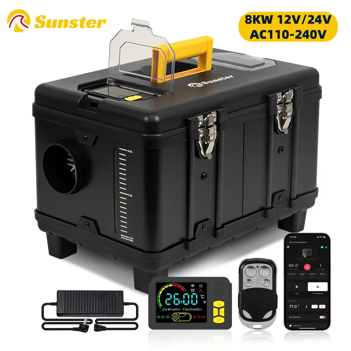 Riscaldatore ad aria diesel TB10 8KW 12V/24V/230V con termostato automatico, display LCD, APP Bluetooth e timer per casa, campeggio e tenda.