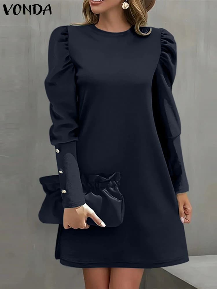 VONDA 2025 Women Long Sleeve Elegant Dress Casual Solid Color Sundress Round Neck Lantern Sleeve Vestidos A-Line Robe Oversized