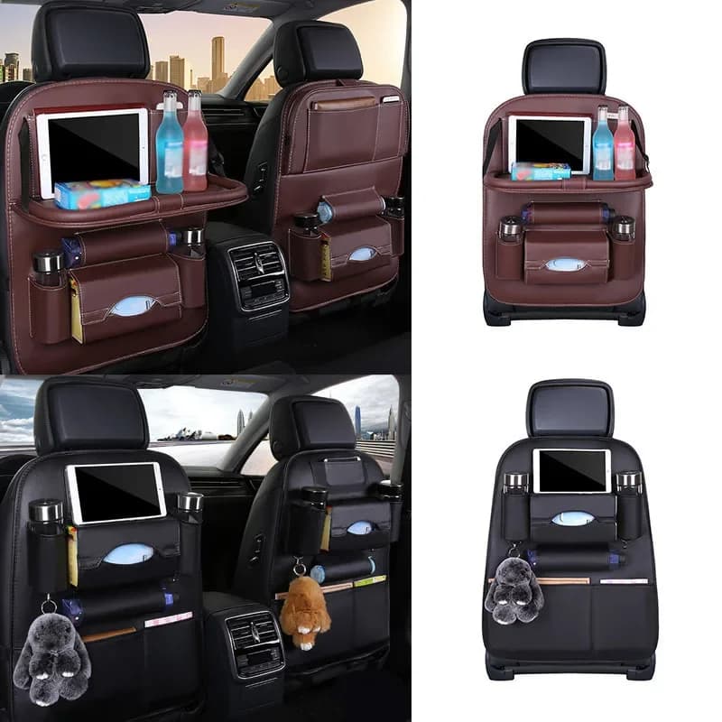 Aggiorna la borsa portaoggetti per organizer per sedile posteriore per auto con vassoio da tavolo pieghevole, supporto per tablet, scatola per fazzoletti, protezione per borsa per sedile posteriore SUV per auto