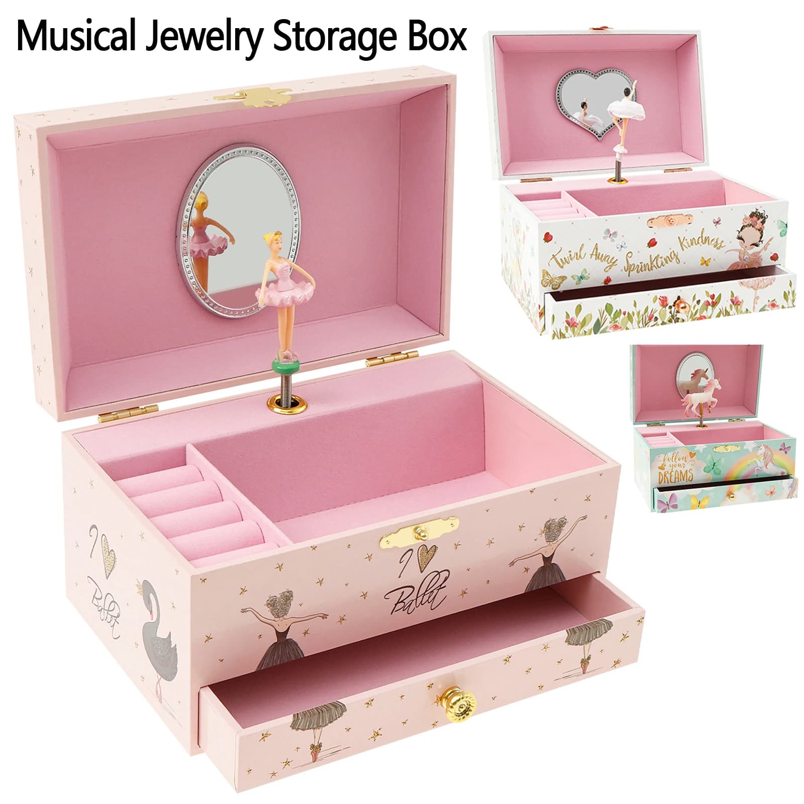 Scatola portaoggetti per gioielli musicali principessa Scatola portaoggetti decorativa per gioielli con cassetto Custodia porta anelli per braccialetti per ragazze Regali per bambini
