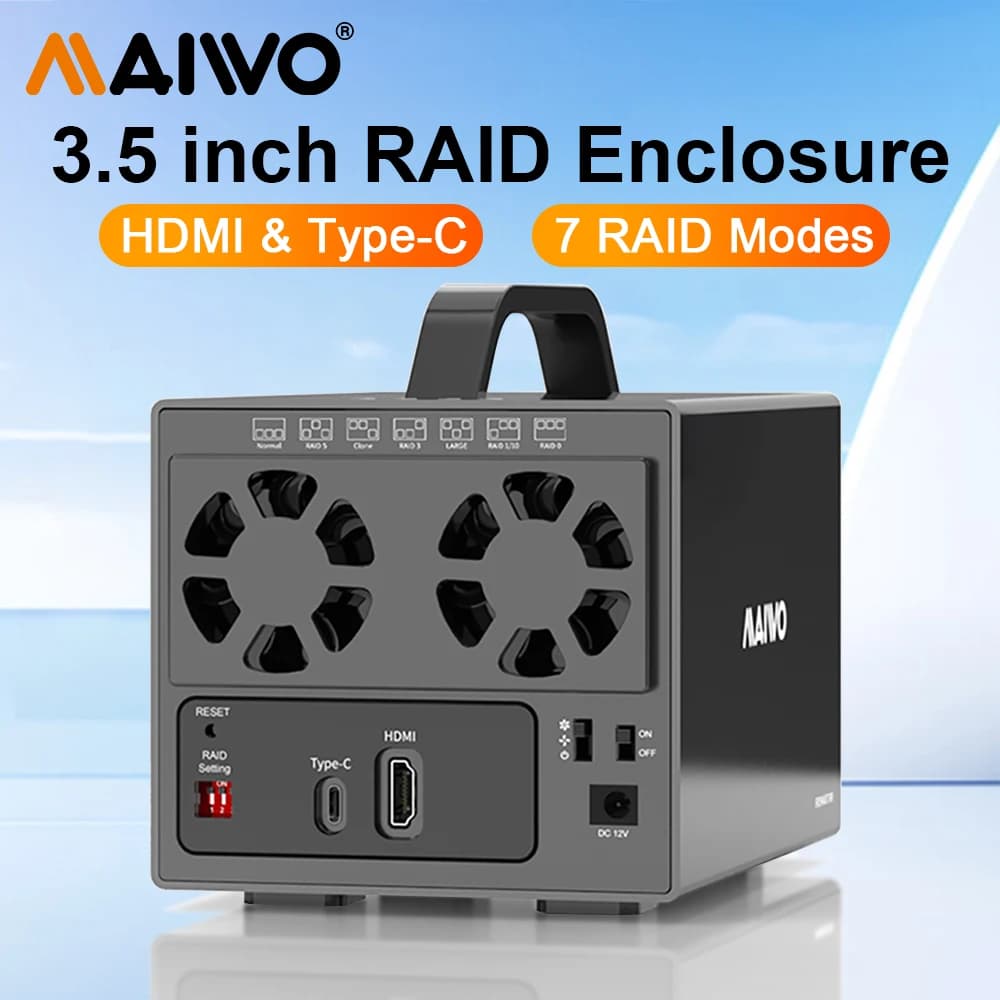 MAIWO Docking station per disco rigido SATA da 3,5'' a 4 alloggiamenti Type-C 7 Raid Custodia per HDD da 3,5 pollici con due ventole Porta HDMI 4K Espansione da 96 TB