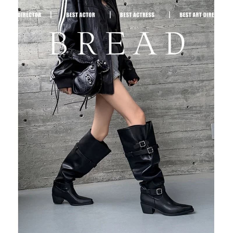 2026 autumn winter women knee-high boots 22-25cm micro fiber leather pointed toe belt buckle thick heel Pile up boots long boots