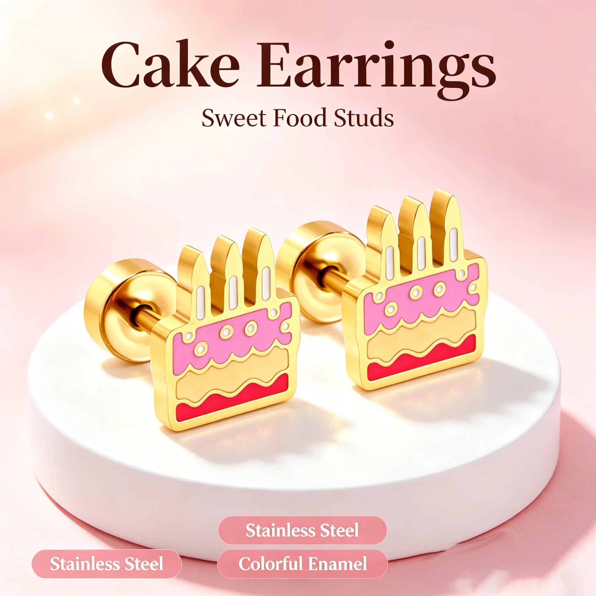 Birthday Candle Cake Shape Ear Studs, Anti-allergy Stainless Steel Screw Back Tiny Piercing Earrings Fashion Jewelry