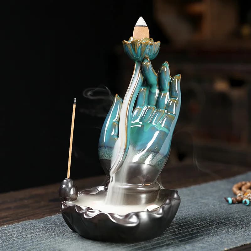 Artigianato in ceramica Buddha mano ornamenti per la casa cascata di bergamotto supporto per bastoncini di pesce con incenso riflusso