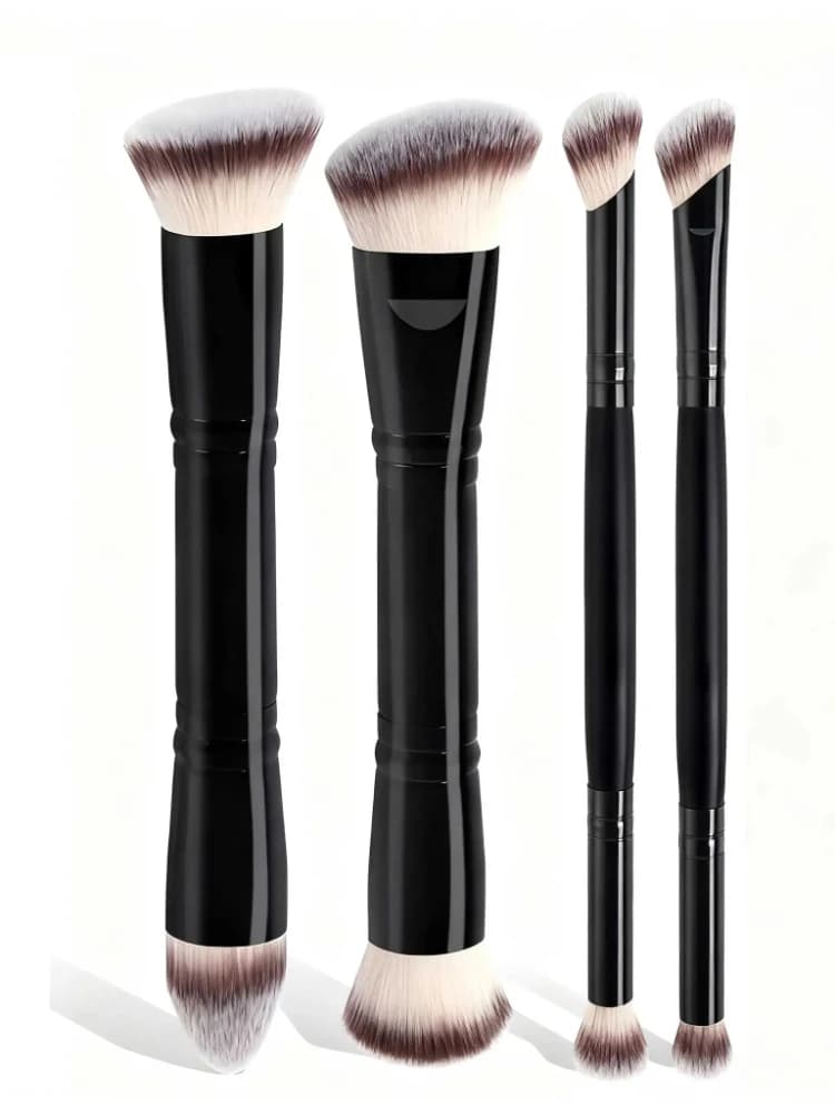Set di 4 Pennelli da Trucco Base con Scatola, Pennelli Doppia Punta per Fondotinta, Cipria, Blush e Dettagli per Ombretto, Ideali per Principianti e Viaggi