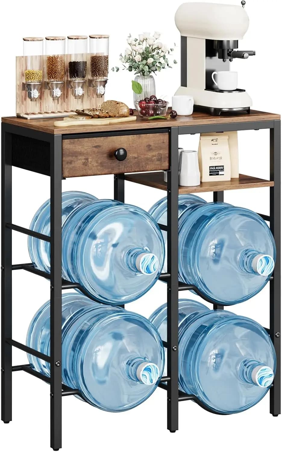 5 Gallon Water Bottle Holder with 4 Parts, Robusto 2 Level Bottle Holder with Wooden Shelves and Home Textile Drawer, K