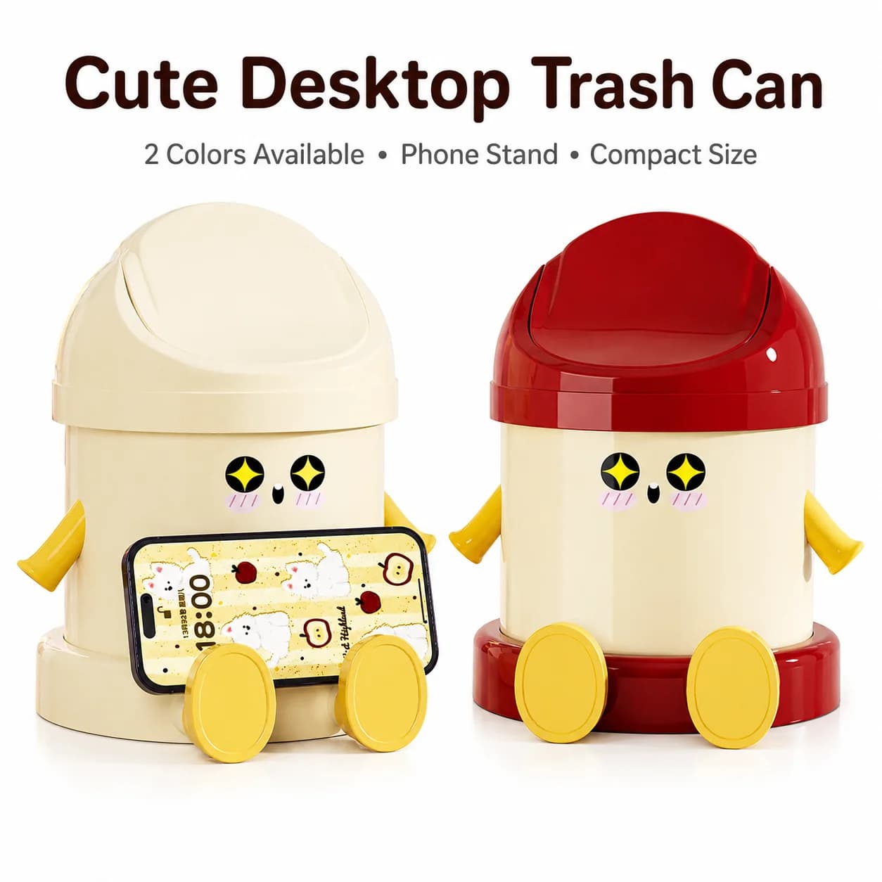 Cute Cartoon Desktop Trash Can with Phone Stand, Mini Flip Lid Waste Bin for Office Desk Bedroom Table Decor
