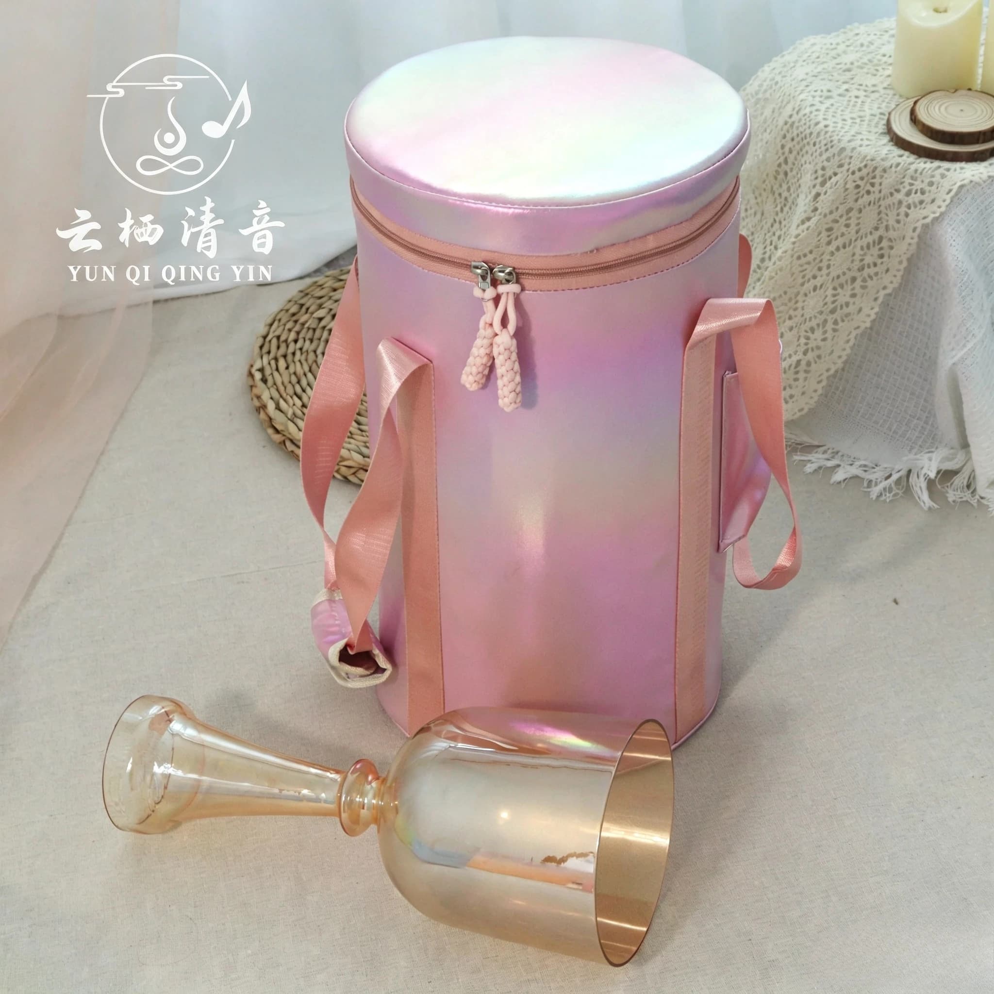 YUN QI QING YIN Iridescent Pink Portable Carry Bag Suitable For 6-8 Inch Crystal Singing Bowl Lightweight Storage Bag Sound Therapy Bowl Travel Protective Handbag For Meditation Sound Bath