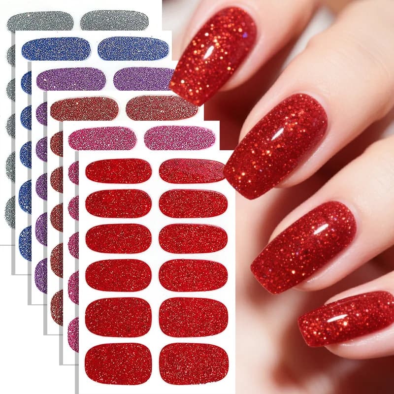 11 Sheets/132 Tips Glitter Nail Stickers Full Cover Semi Cured Nail Art No Need UV Lamps Nail Strips Easy to Use and Remove