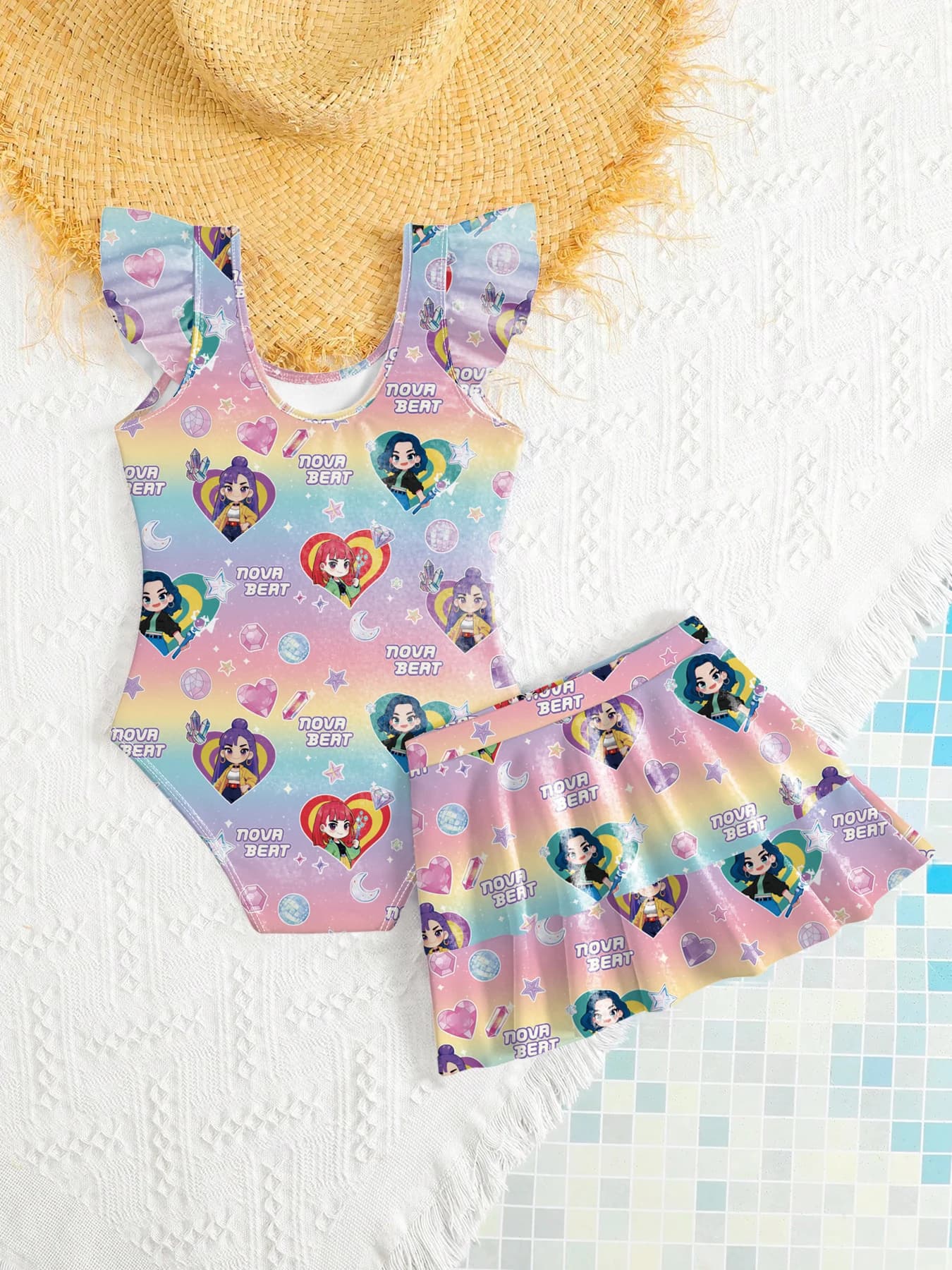 Costume da bagno a due pezzi per ragazze Nova Beat K-POP con stampa anime, costume intero sfumato arcobaleno con gonna, abbigliamento da spiaggia estivo per bambini
