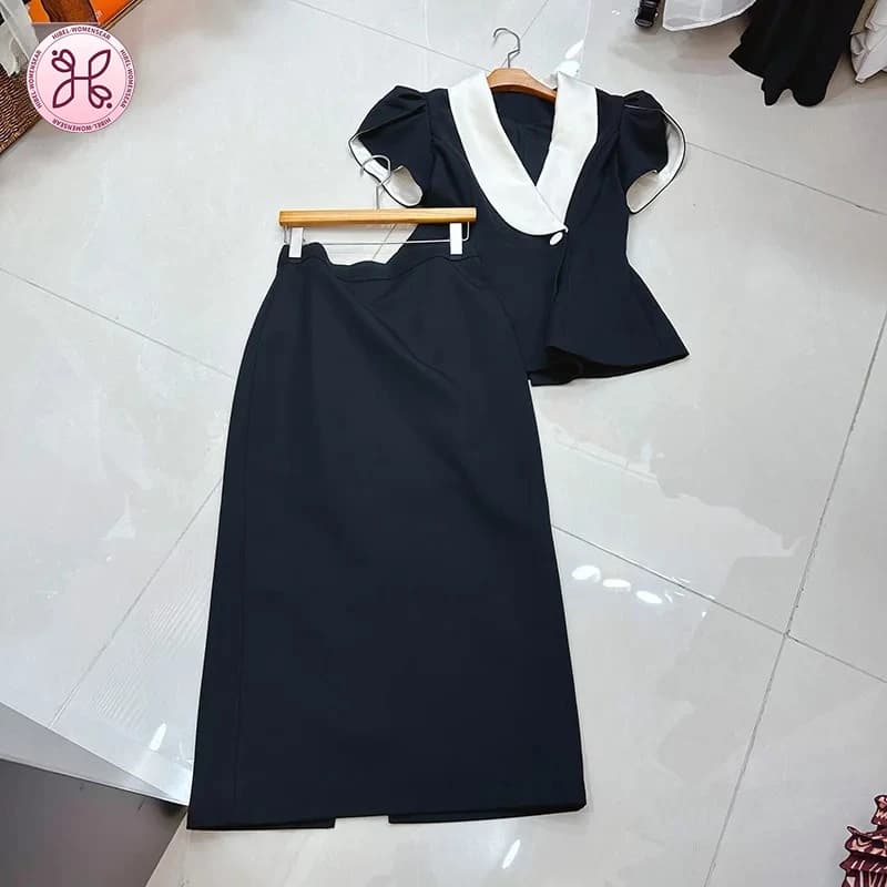 Abito lungo da donna con scollo a V a contrasto bianco e nero, con volant in vita, in tessuto strutturato, abito professionale da ufficio