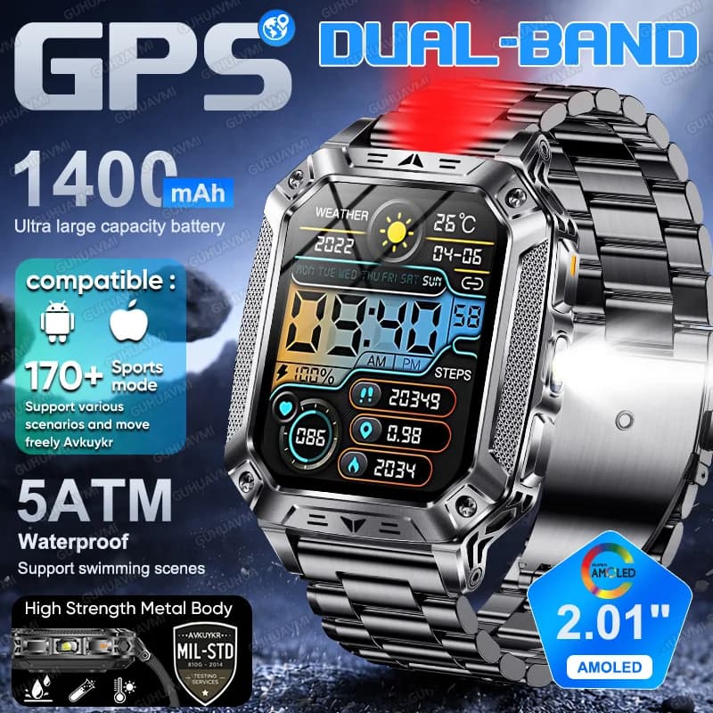 Smartwatch GPS Dual-band 2026 per Uomo, Batteria Grande da 1400mAh, Display AMOLED da 2.01'', Impermeabile 5ATM, 170+ Modalità Sportive, Fitness e Ciclismo