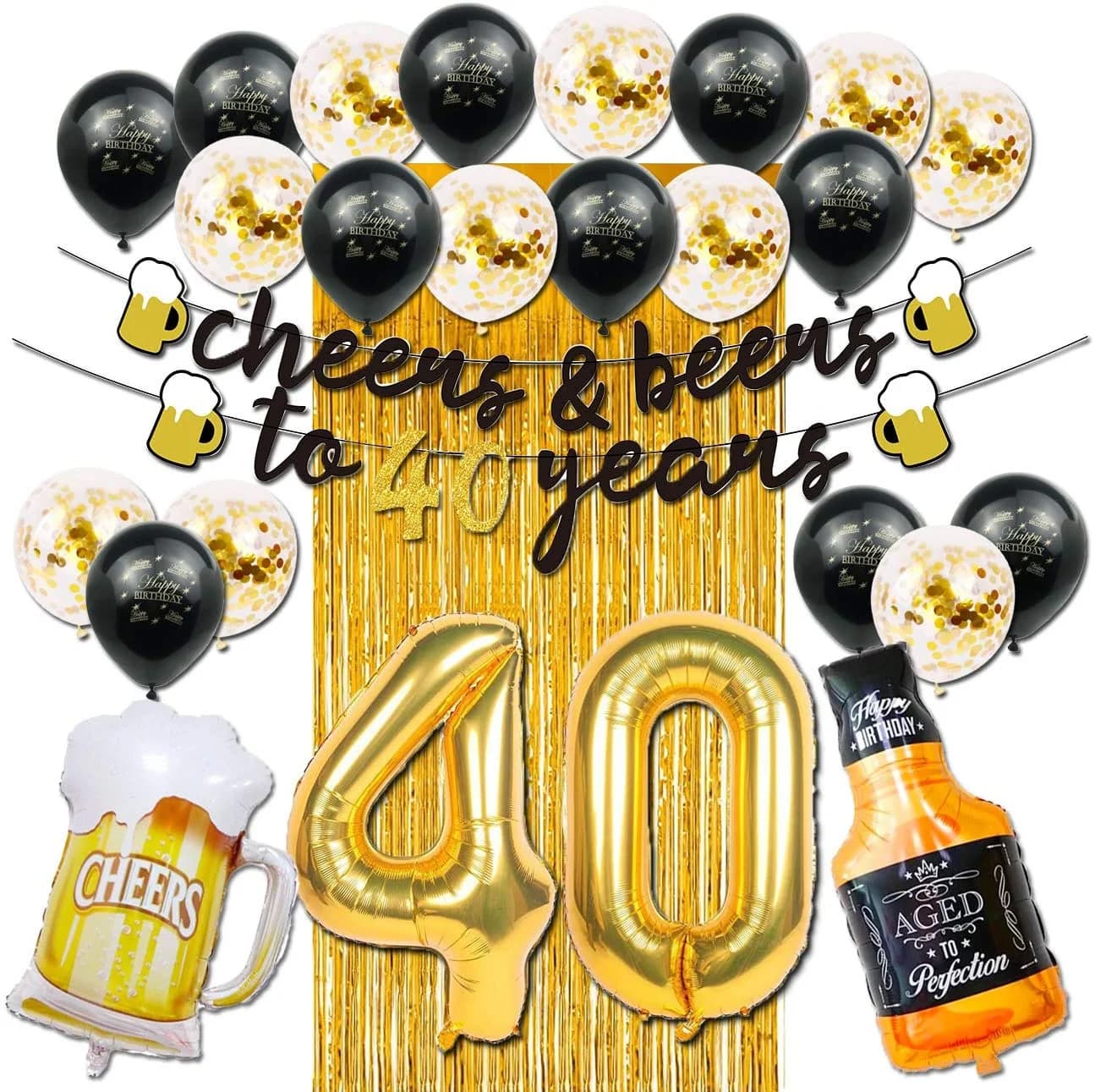 Saluti e cervi fino a 40 anni Banner Decorazioni per feste di compleanno di anniversario nere e dorate con palloncini di coriandoli con tazza di birra