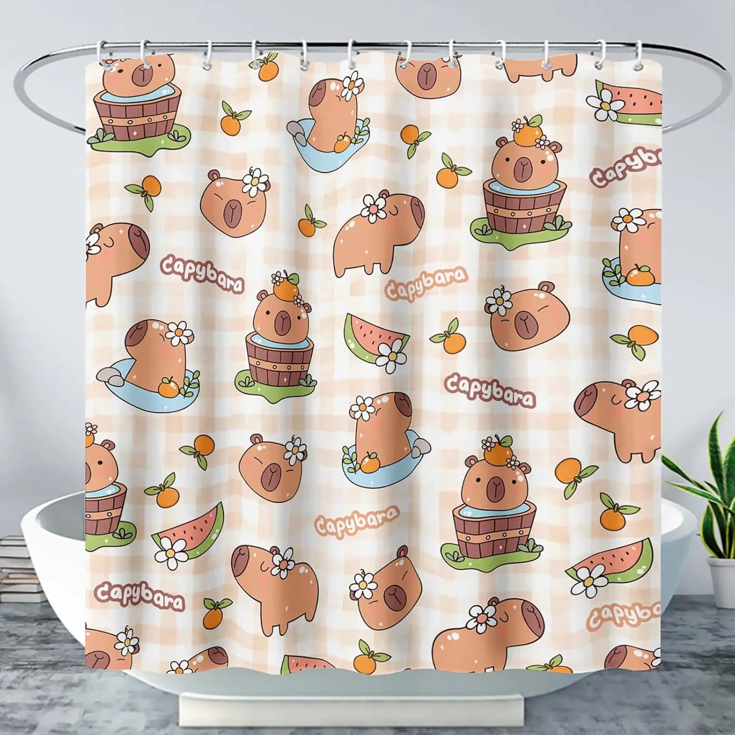 Simpatico set di tende da doccia capibara, decorazioni da bagno arancioni capibara cartone animato per bambini, adolescenti, ragazze, ragazzi, animali kawaii impermeabili