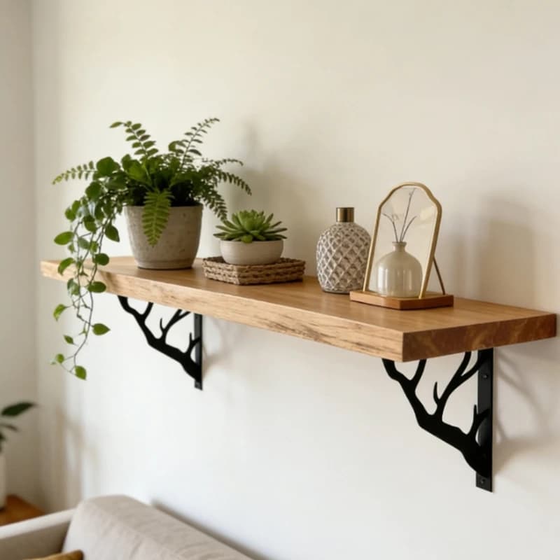 Decorative Wall Shelf Brackets, Open Branch Design in Black Iron, L-Form Support Frames, 1 Pair for Wall Shelf Boards B03E