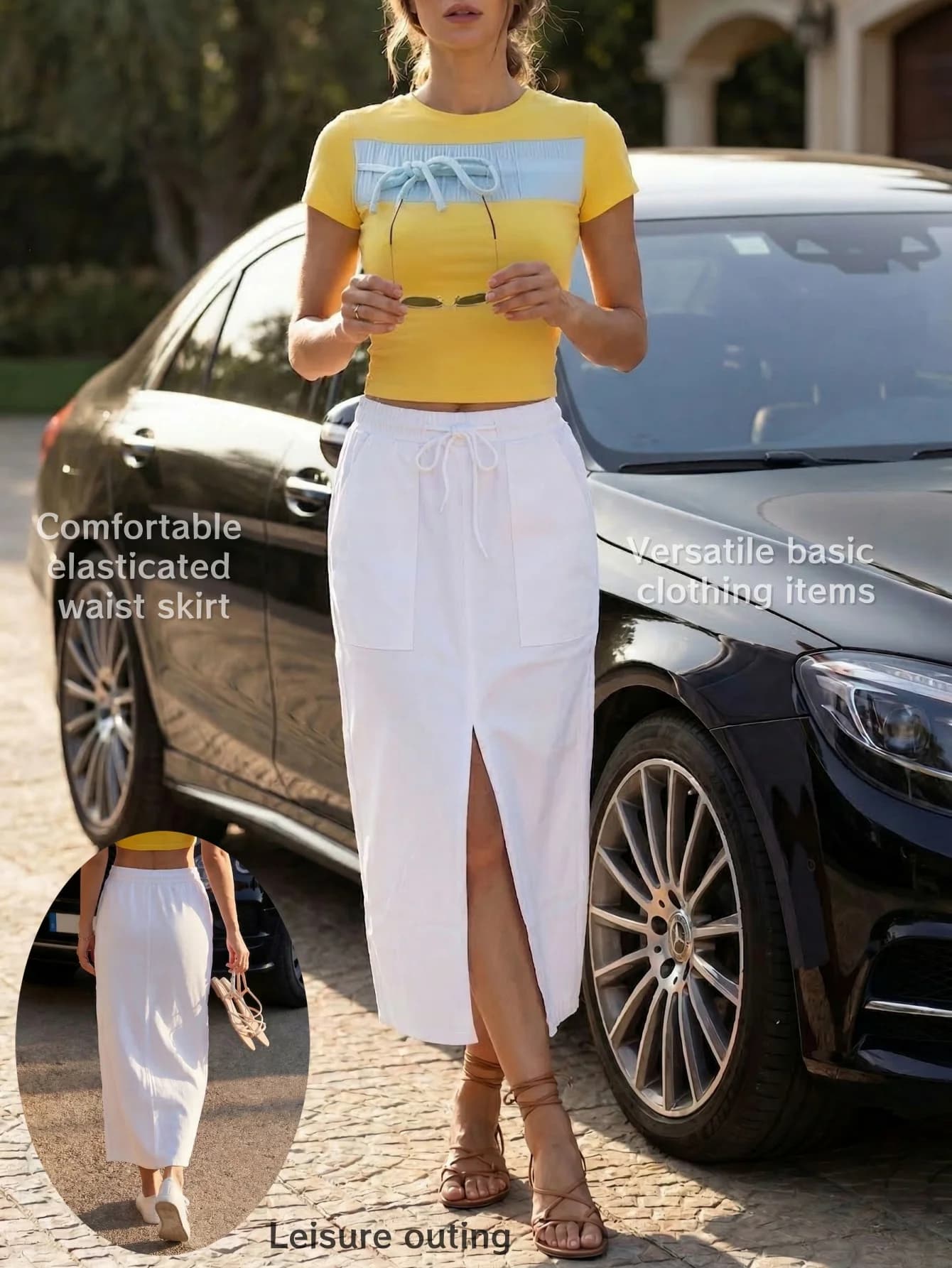 Abito lungo a vita alta con spacco per donna, con cintura regolabile e tasca grande, stile casual da strada, elegante ed elasticizzato, effetto snellente