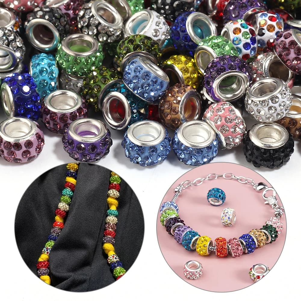 20pcs/lot 11mm Polymer Clay Round Rhinestone Big Hole Beads Loose Spacer Beads For DIY Jewelry Making Bracelet Necklace Supplies