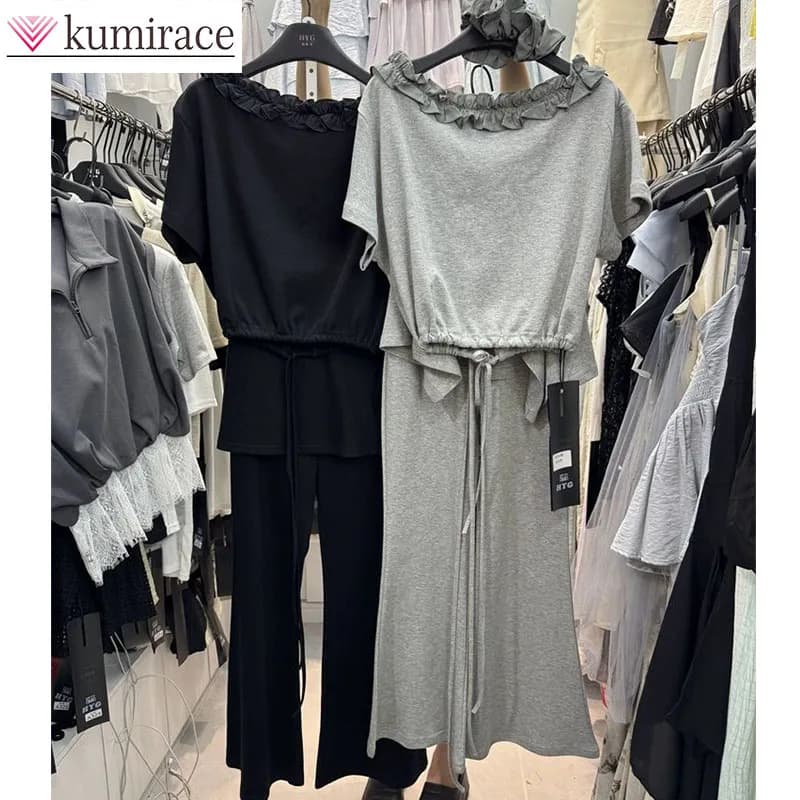 2025 Summer Fungus Edge Drawstring Waist Cinching Short Sleeved Top+fart Curtain Wide Leg Casual Pants Fashionable Set Pant Sets