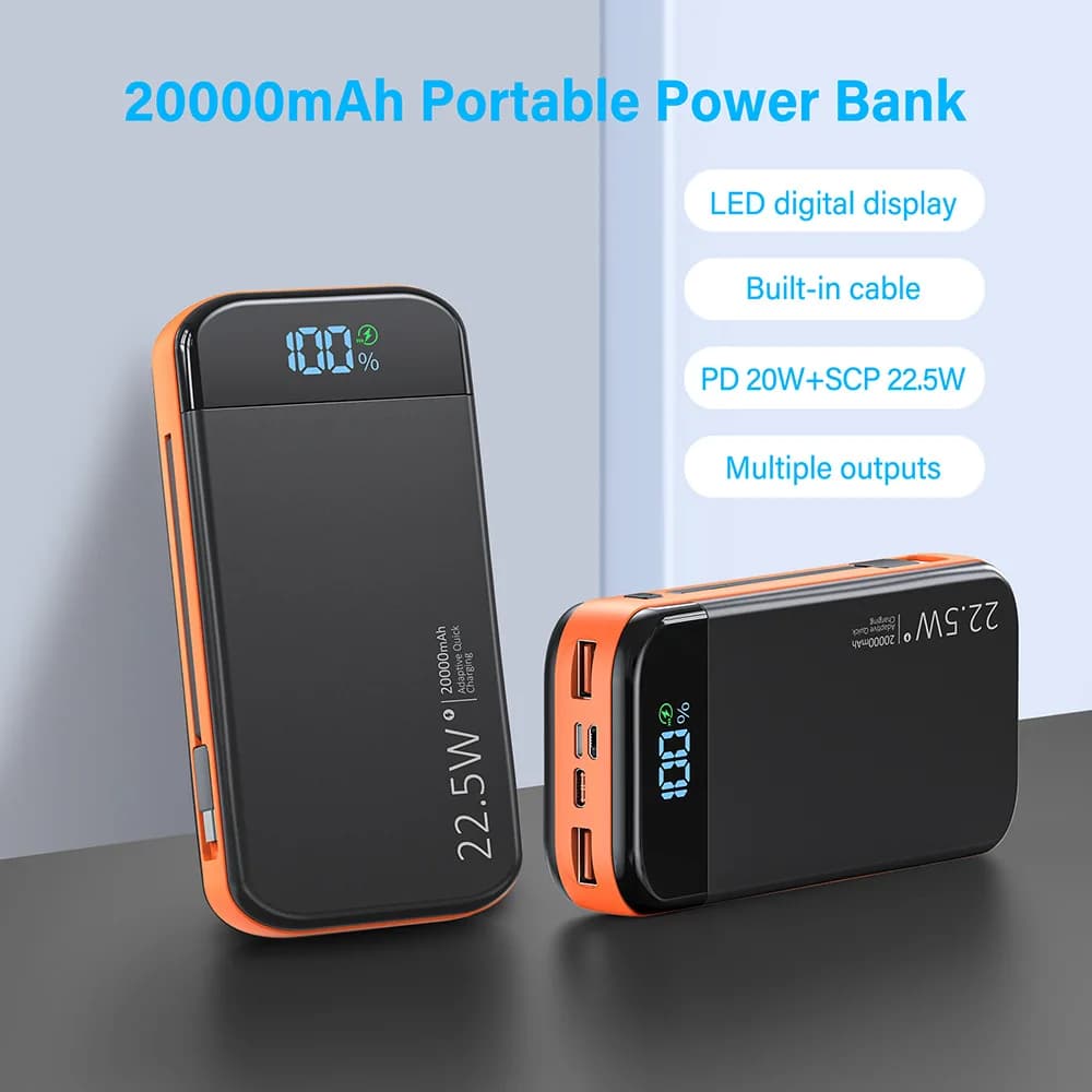 Caricatore portatile 32000mAh QC 3.0 PD20W Display LED intelligente Ricarica rapida 2 cavi integrati Power Bank per IPhone Xiaomi Samsung