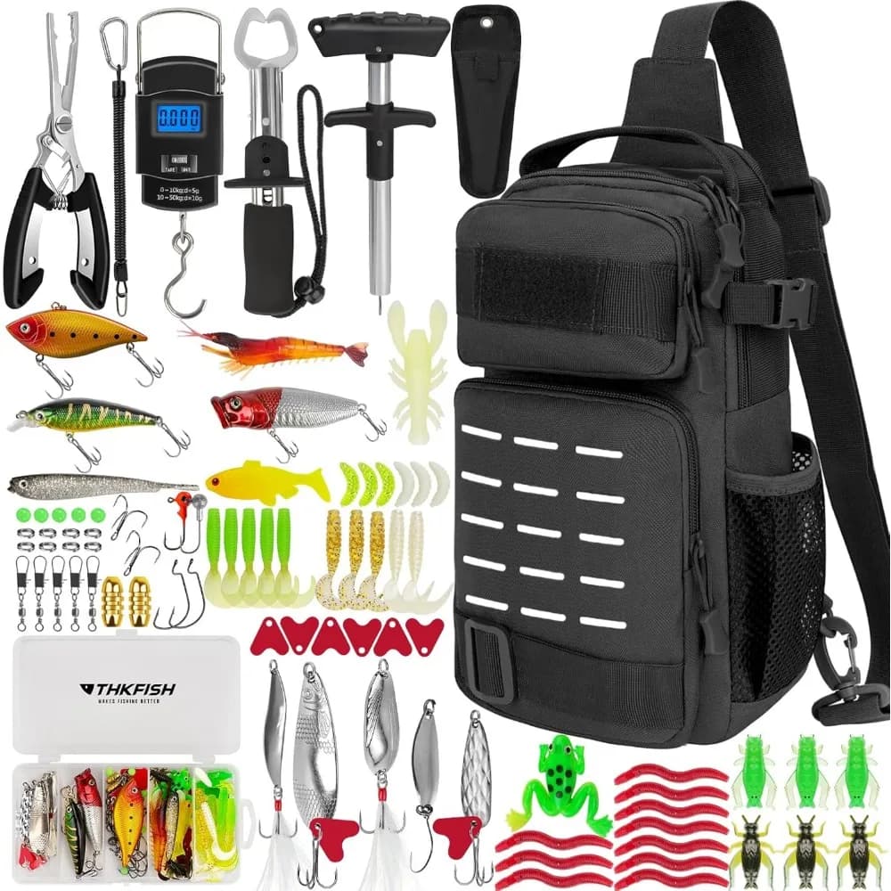 Kit da Pesca 85 Pezzi con Zaino, Scatole Porta Attrezzi, Esche, Pinze, Estrattore Ami, Pinza per Pesci