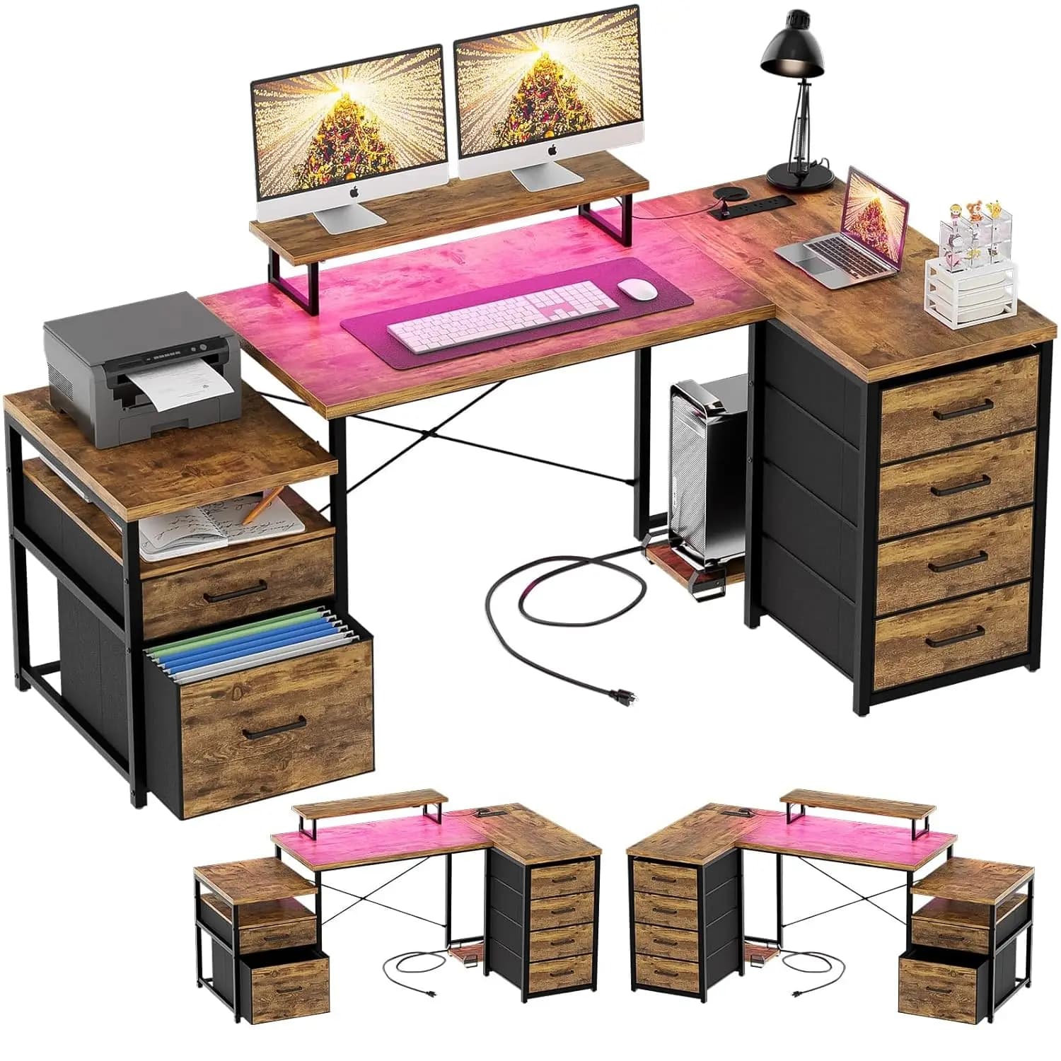 Scrivania a L Reversibile con Cassetti in Tessuto, LED RGB da 70,8 Pollici, Prese di Corrente, Supporto per Monitor e CPU, Angolare per Gaming, Marrone Personalizzabile