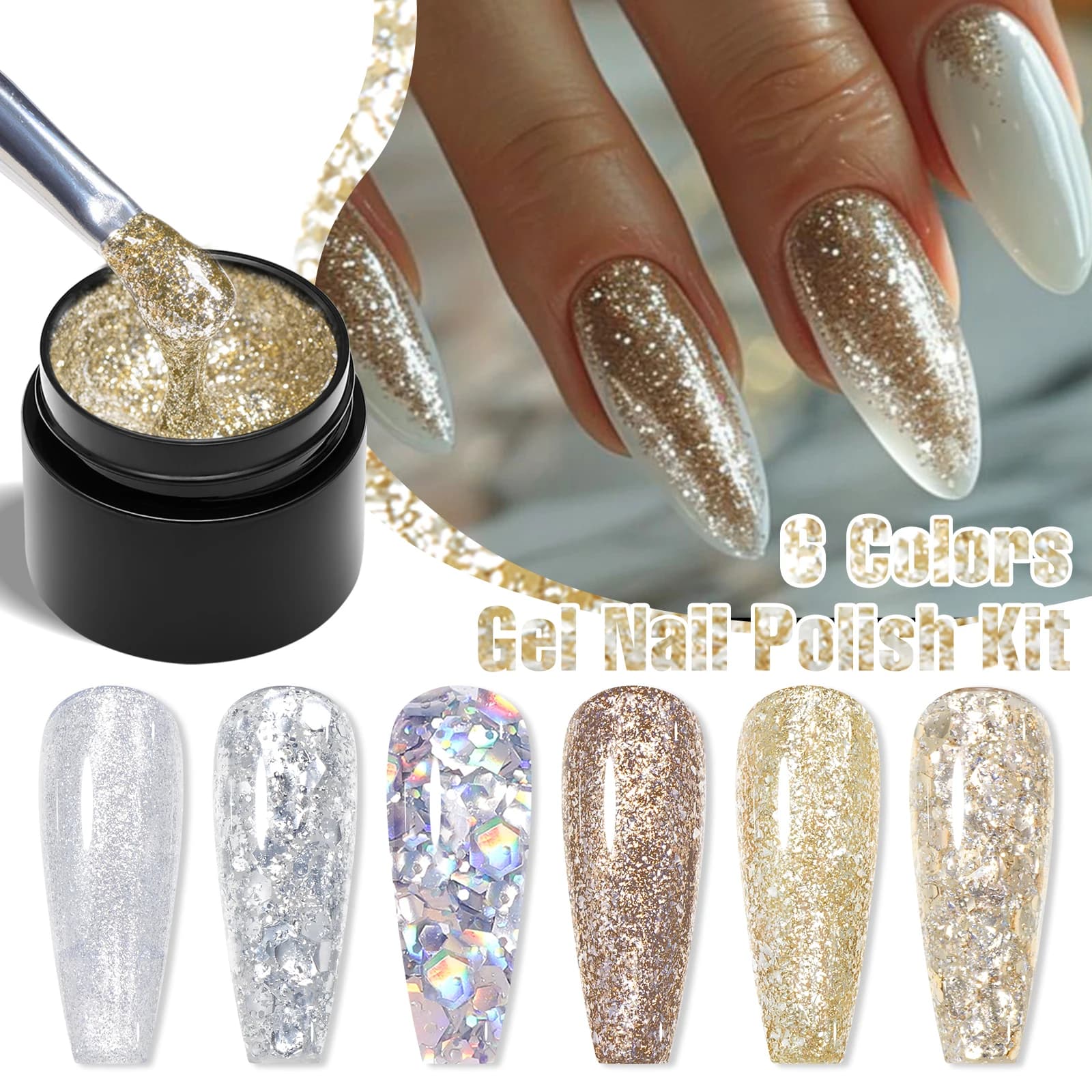 Set di 7 Smalti Glitterati, Kit di Smalto Gel UV LED Brillante in 6 Colori per Manicure Fai-da-Te e Salone con Strumenti