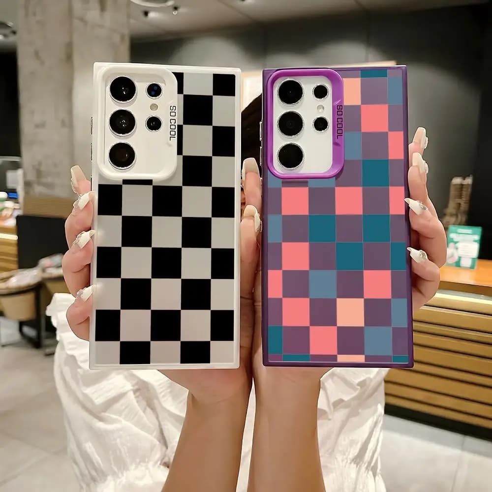 Custodia per telefono a scacchiera in silicone colorata argento per Samsung Galaxy S25 Edge S24 S23 S22 S21 S20 Ultra
