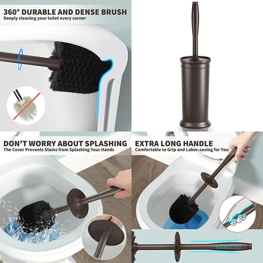 Spazzola per WC, Spazzola per la pulizia del WC con manico extra lungo, setole resistenti e supporto coperto per la pulizia del bagno (Marrone, 1 set)