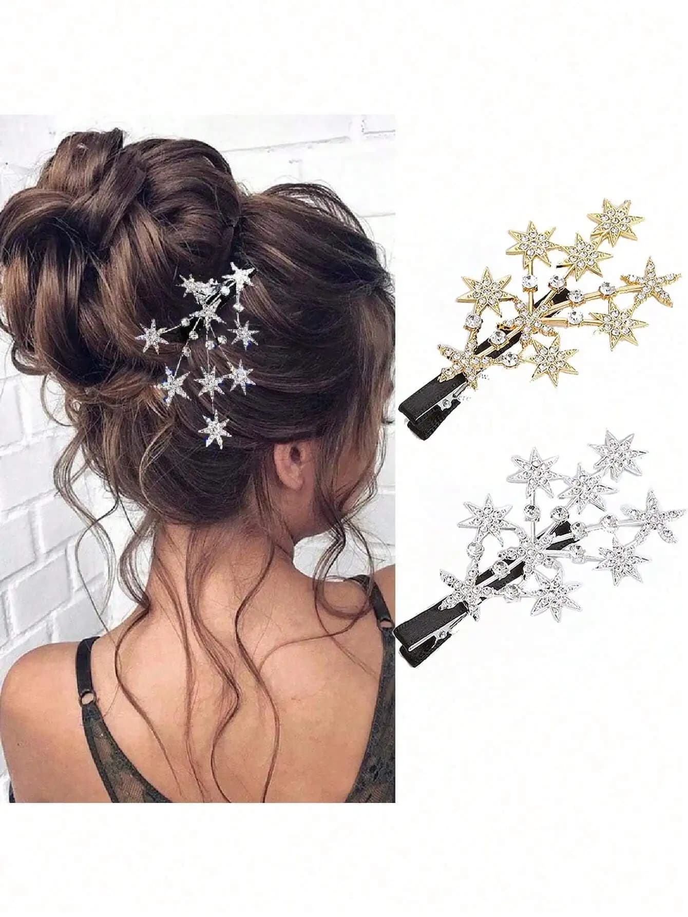 2 fermagli per capelli a stella a cinque punte, fermagli per capelli a stella con strass, fermagli per capelli in metallo argentato, fermagli per capelli geometrici eleganti, fermagli per capelli alla moda, accessori per capelli per donne e ragazze, fermagli a becco d'oca dorati, articoli per la scuola, accessori per capelli