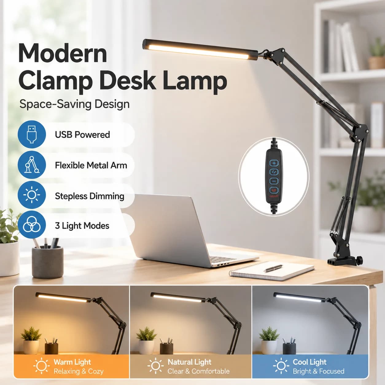 USB LED Desk Lamp Dimmable Folding Metal Lamp 360°Adjustable 3 Color Modes Eye Care Reading Study Light Study room Reading