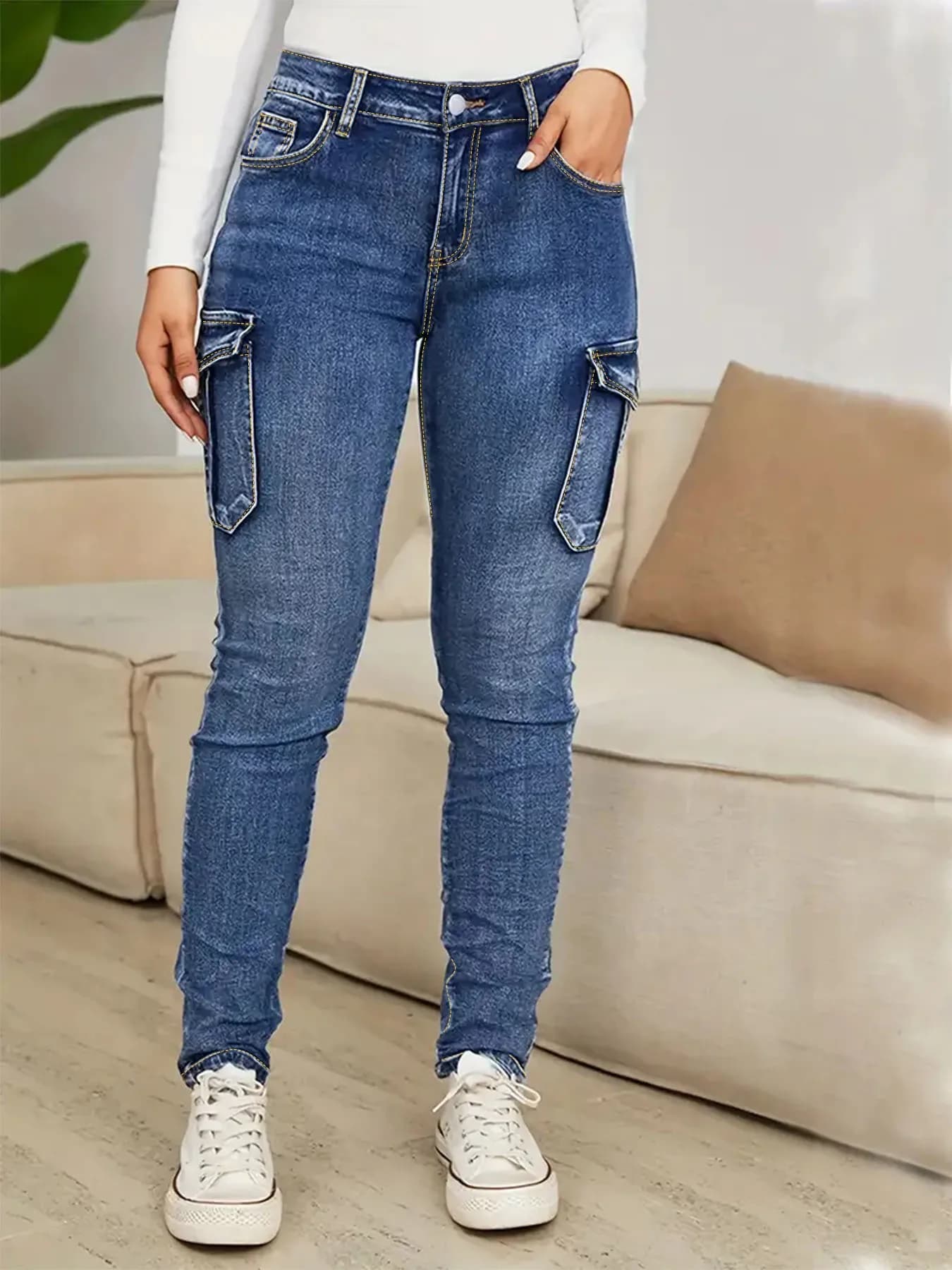 Cargo pants in Denim Medium blue washed for cutters, Jeans Skinny Multi-Tasca with potato pockets with buttons