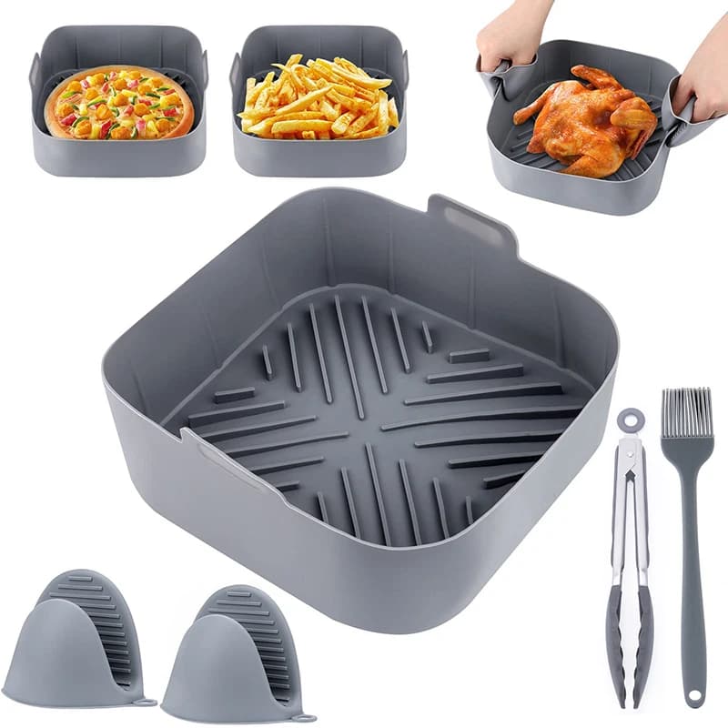 8 Inch Air Fryer Silicone Basket Tray Set Square Non-stick Airfryer Baking Mold Liners Bpa Free Kitchen Oven Cooking Accessories