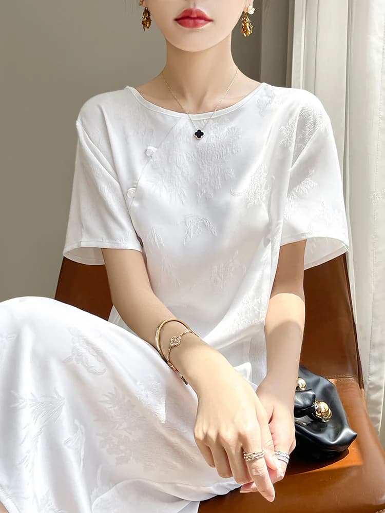 Abito Qipao da Donna Primavera 2025 con Collo Tondo e Maniche Corte, Stile Cinese, Vestito Lungo Elegante e Alla Moda