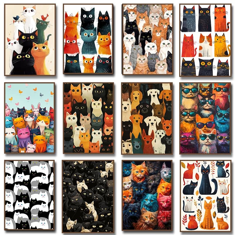 Funny Crowded Cat Dog Poster Print Canvas Painting Cute Animals Pet Wall Art for Room Home Decoration Cuadros