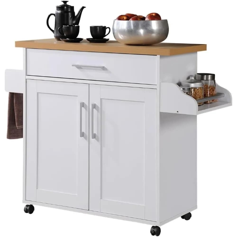 Isola da cucina bianca con portaspezie, portasciugamani e cassetto, piano in legno di faggio, 15,5x35,5-44,9x35,2 pollici