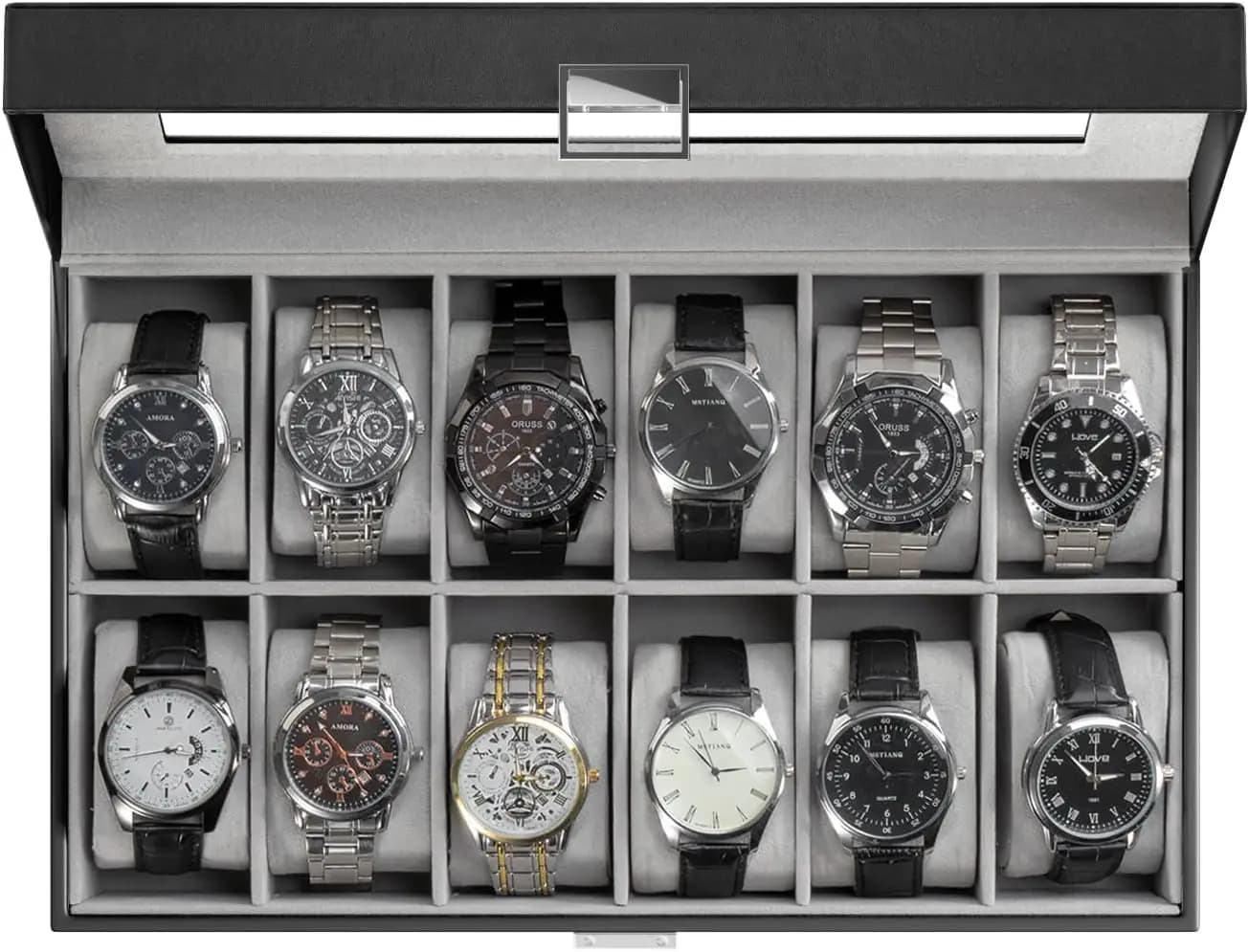 Espositore per 12 Orologi con Coperchio in Vetro, Porta Orologi per Uomo e Donna - Regalo per Anniversario, Compleanno, San Valentino, Nero