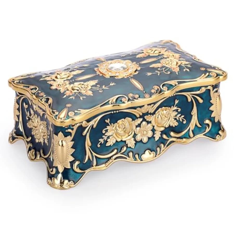 Portagioie vintage con splendida scatola portaoggetti per gingilli a 2 strati Scatola decorativa per gioielli in metallo di grandi dimensioni per orecchini ad anello