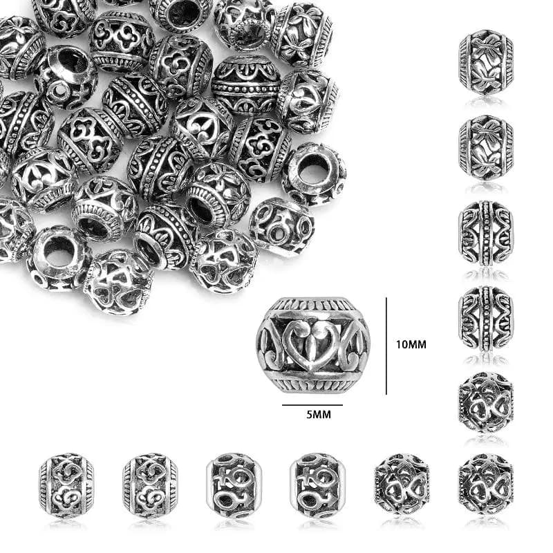 6 pezzi di perline metalliche cave in argento antico da 10 mm, con foro grande, per la creazione di gioielli, braccialetti fai da te e accessori.