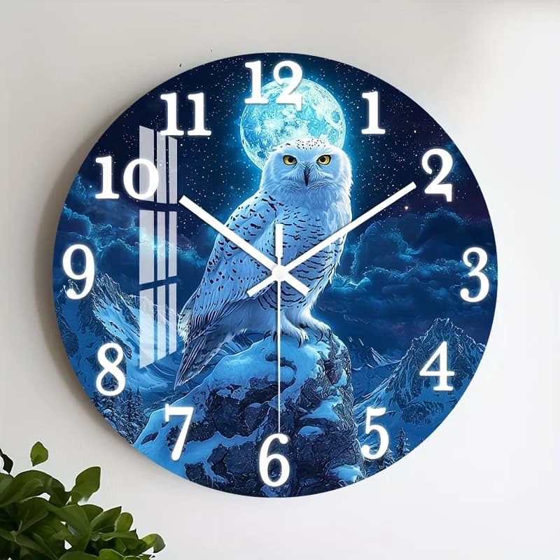 1 orologio da parete silenzioso che non ticchetta, con un design rotondo decorativo e finitura lucida raffigurante un gufo delle nevi sotto un